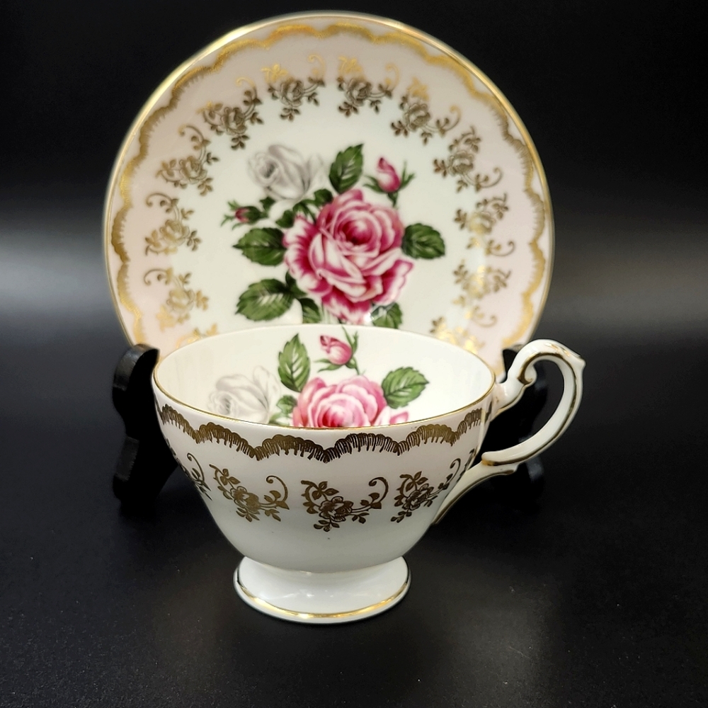Vintage EB Foley Large Rose Pink & White Gold Trim Bone China Tea Cup & Saucer